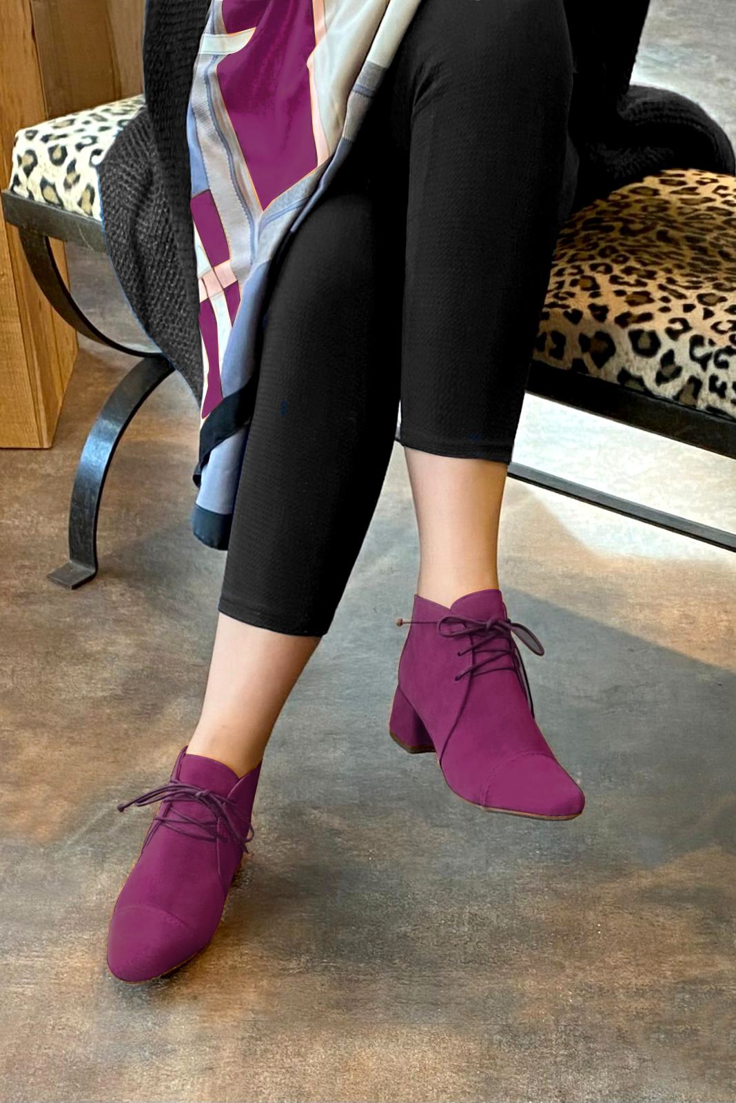 Mulberry purple women's ankle boots with laces at the front. Round toe. Low flare heels. Worn view - Florence KOOIJMAN